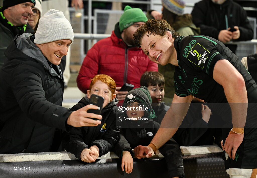 3 April 2026; Connacht captain Cian Prendergast poses for a photo with supporters after the EPCR Challenge Cup match between Connacht and Hollywoodbets Sharks at Dexcom Stadium in Galway. Photo by Brendan Moran/Sportsfile