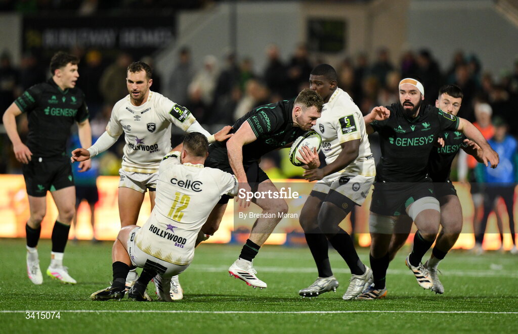 3 April 2026; Cathal Forde of Connacht is tackled by Marnus Potgieter of Hollywoodbets Sharks during the EPCR Challenge Cup match between Connacht and Hollywoodbets Sharks at Dexcom Stadium in Galway. Photo by Brendan Moran/Sportsfile