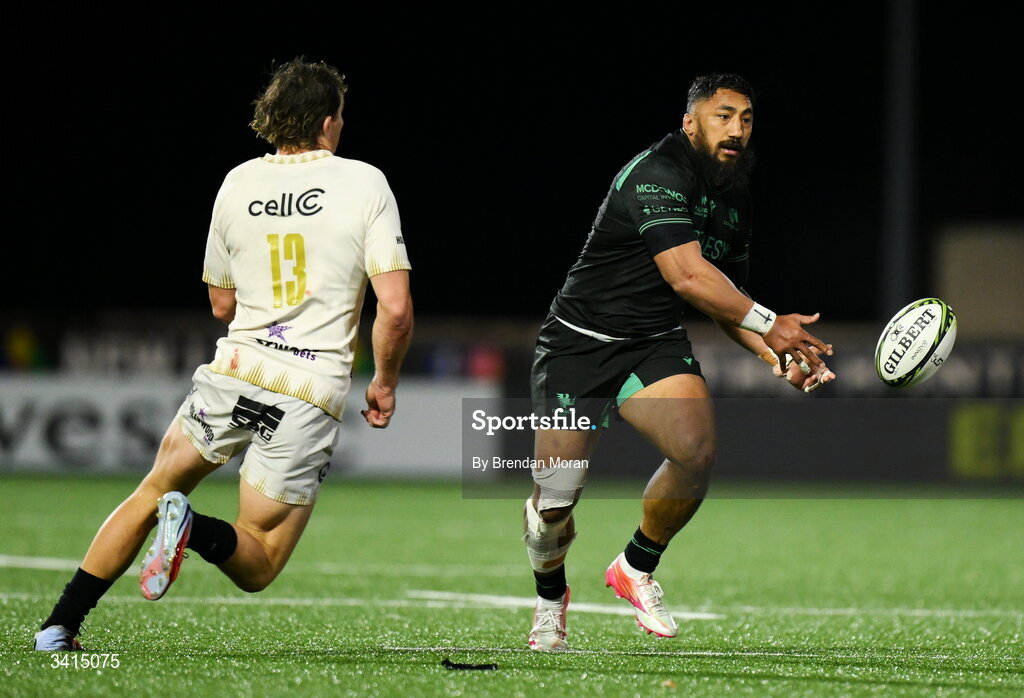 3 April 2026; Bundee Aki of Connacht in action against Le Roux Malan of Hollywoodbets Sharks during the EPCR Challenge Cup match between Connacht and Hollywoodbets Sharks at Dexcom Stadium in Galway. Photo by Brendan Moran/Sportsfile