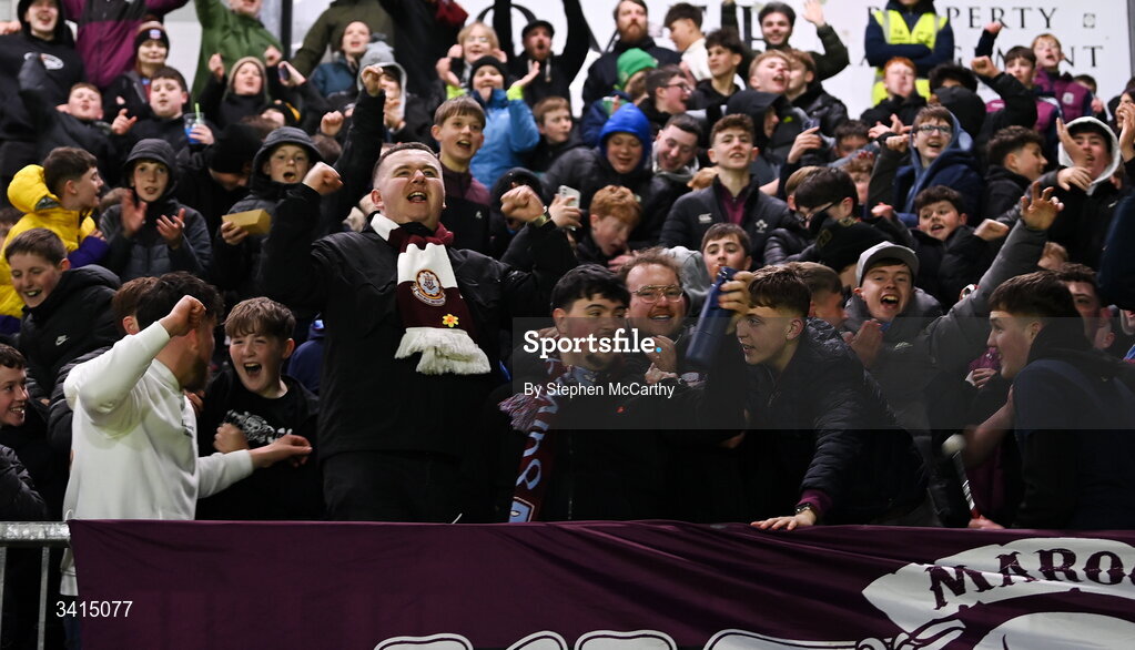 3 April 2026; Galway United supporters celebrates their winning goal during the SSE Airtricity Men's Premier Division match between Galway United and Derry City at Eamonn Deacy Park in Galway. Photo by Stephen McCarthy/Sportsfile