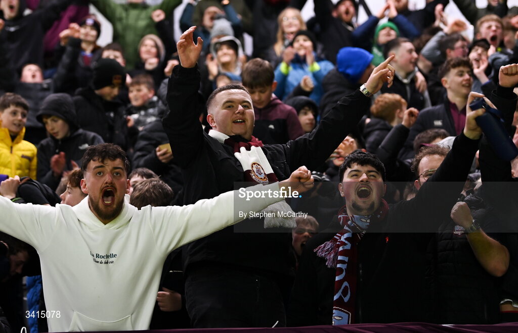 3 April 2026; Galway United supporters celebrates their winning goal during the SSE Airtricity Men's Premier Division match between Galway United and Derry City at Eamonn Deacy Park in Galway. Photo by Stephen McCarthy/Sportsfile