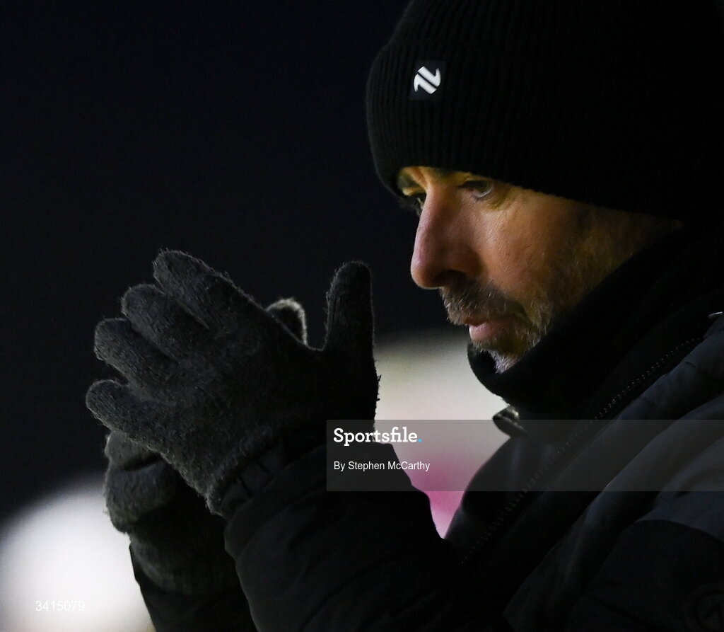 3 April 2026; Derry City manager Tiernan Lynch during the SSE Airtricity Men's Premier Division match between Galway United and Derry City at Eamonn Deacy Park in Galway. Photo by Stephen McCarthy/Sportsfile