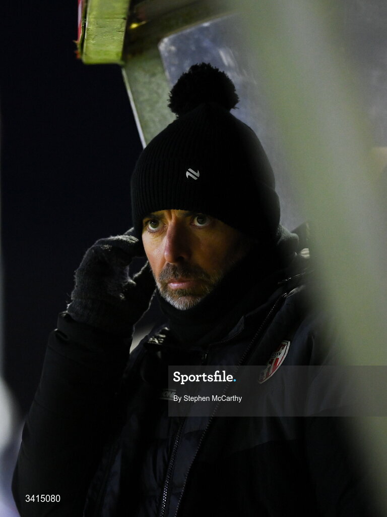 3 April 2026; Derry City manager Tiernan Lynch during the SSE Airtricity Men's Premier Division match between Galway United and Derry City at Eamonn Deacy Park in Galway. Photo by Stephen McCarthy/Sportsfile