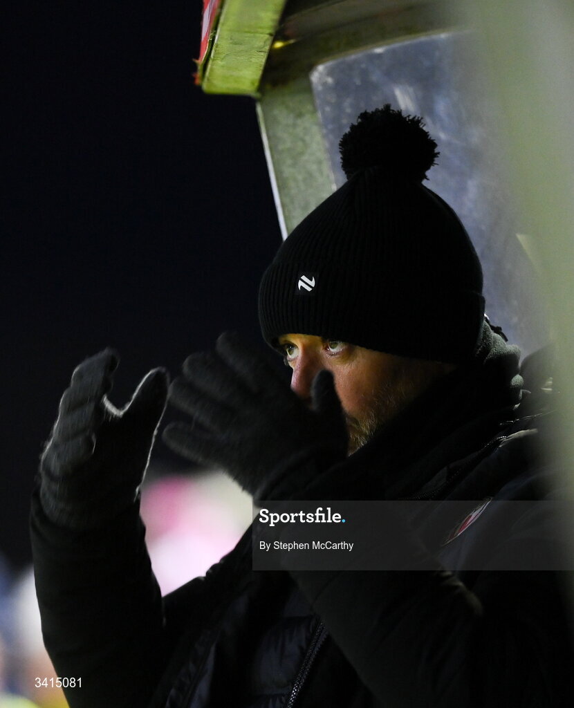 3 April 2026; Derry City manager Tiernan Lynch during the SSE Airtricity Men's Premier Division match between Galway United and Derry City at Eamonn Deacy Park in Galway. Photo by Stephen McCarthy/Sportsfile