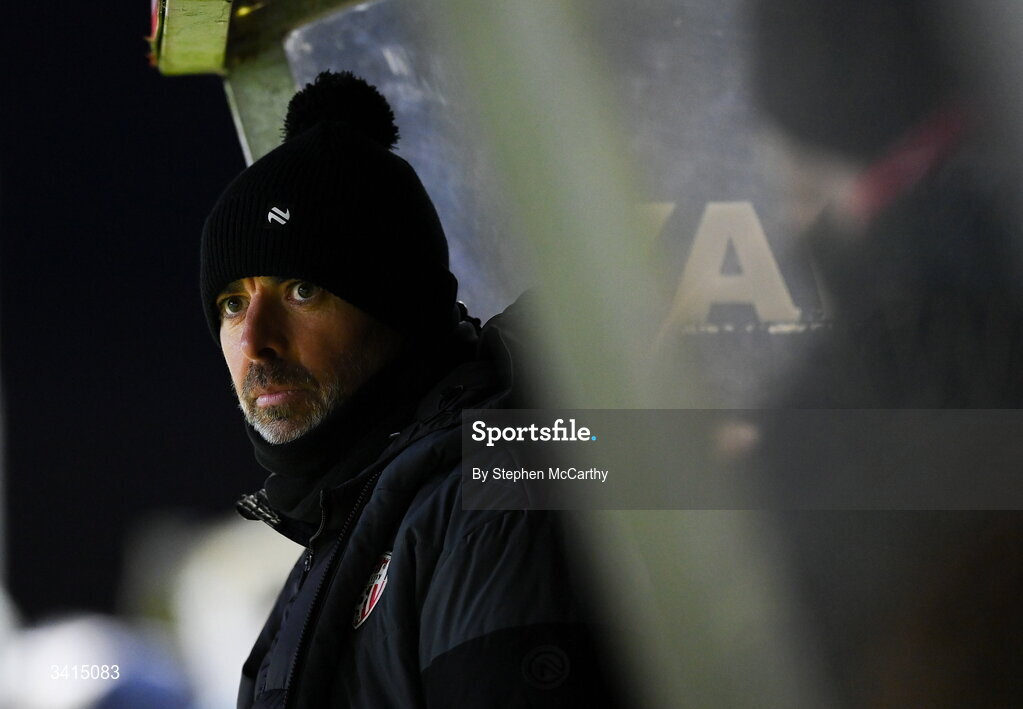 3 April 2026; Derry City manager Tiernan Lynch during the SSE Airtricity Men's Premier Division match between Galway United and Derry City at Eamonn Deacy Park in Galway. Photo by Stephen McCarthy/Sportsfile