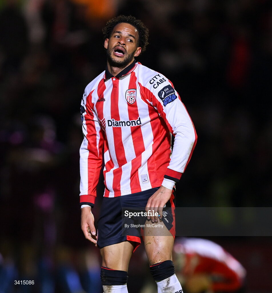 3 April 2026; Barry Cotter of Derry City after his side conceded a second goal during the SSE Airtricity Men's Premier Division match between Galway United and Derry City at Eamonn Deacy Park in Galway. Photo by Stephen McCarthy/Sportsfile