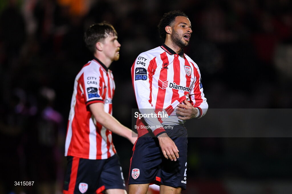 3 April 2026; Barry Cotter of Derry City after his side conceded a second goal during the SSE Airtricity Men's Premier Division match between Galway United and Derry City at Eamonn Deacy Park in Galway. Photo by Stephen McCarthy/Sportsfile