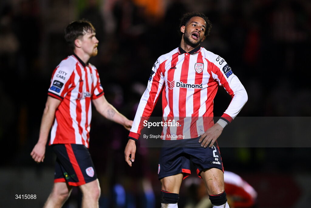 3 April 2026; Barry Cotter of Derry City after his side conceded a second goal during the SSE Airtricity Men's Premier Division match between Galway United and Derry City at Eamonn Deacy Park in Galway. Photo by Stephen McCarthy/Sportsfile