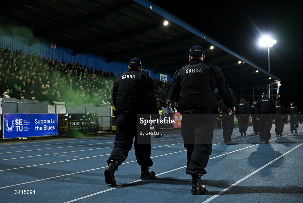 3 April 2026; Members of An Garda Síochána during the SSE Airtricity Men's Premier Division match between Waterford and Shamrock Rovers at the RSC in Waterford. Photo by Seb Daly/Sportsfile