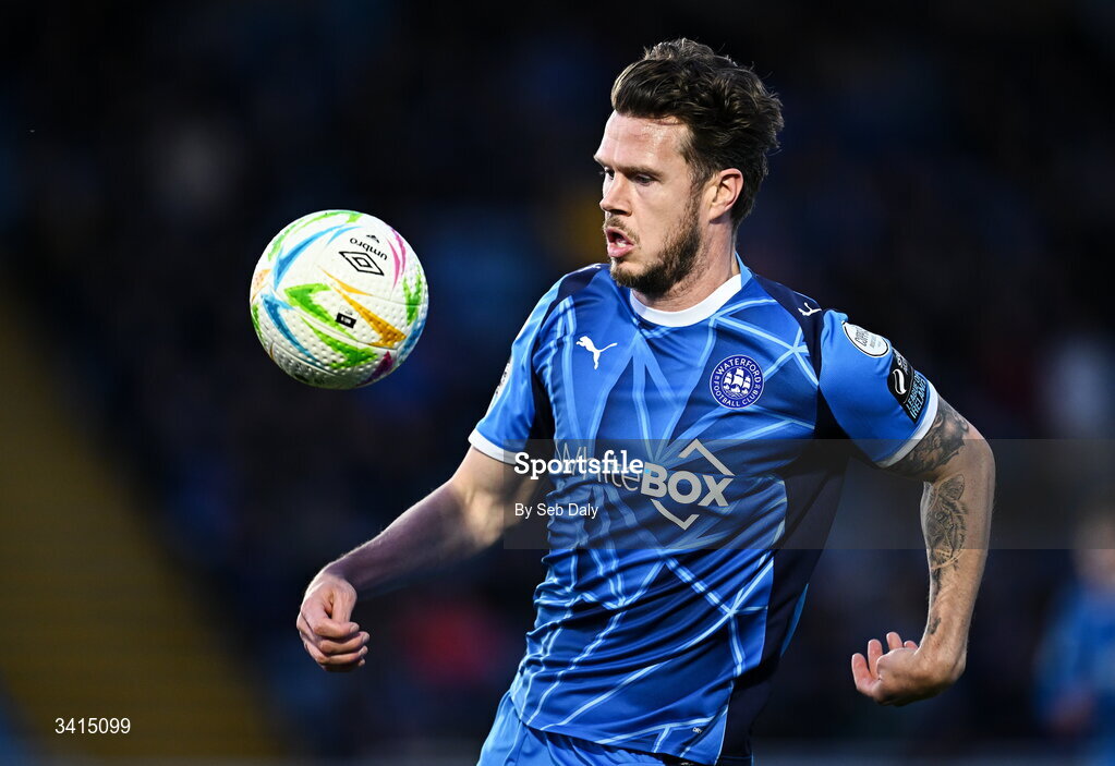3 April 2026; Kevin Long of Waterford during the SSE Airtricity Men's Premier Division match between Waterford and Shamrock Rovers at the RSC in Waterford. Photo by Seb Daly/Sportsfile