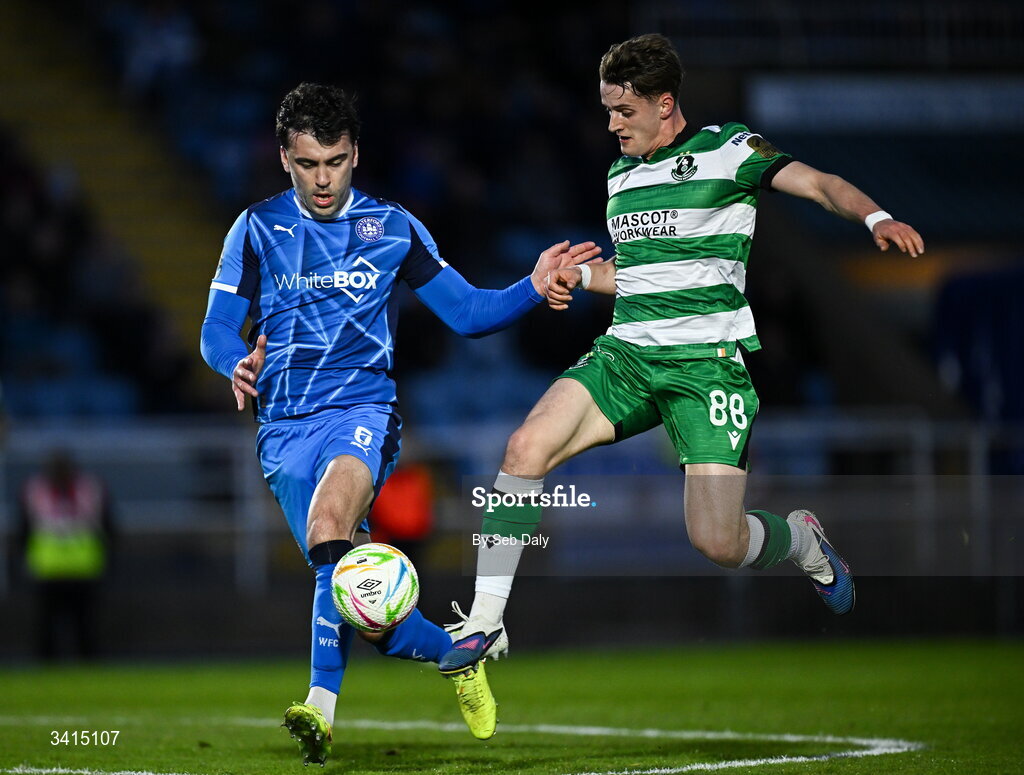 3 April 2026; John McGovern of Shamrock Rovers in action against John Mahon of Waterford during the SSE Airtricity Men's Premier Division match between Waterford and Shamrock Rovers at the RSC in Waterford. Photo by Seb Daly/Sportsfile