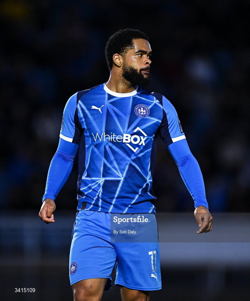 3 April 2026; Trae Bailey Coyle of Waterford during the SSE Airtricity Men's Premier Division match between Waterford and Shamrock Rovers at the RSC in Waterford. Photo by Seb Daly/Sportsfile