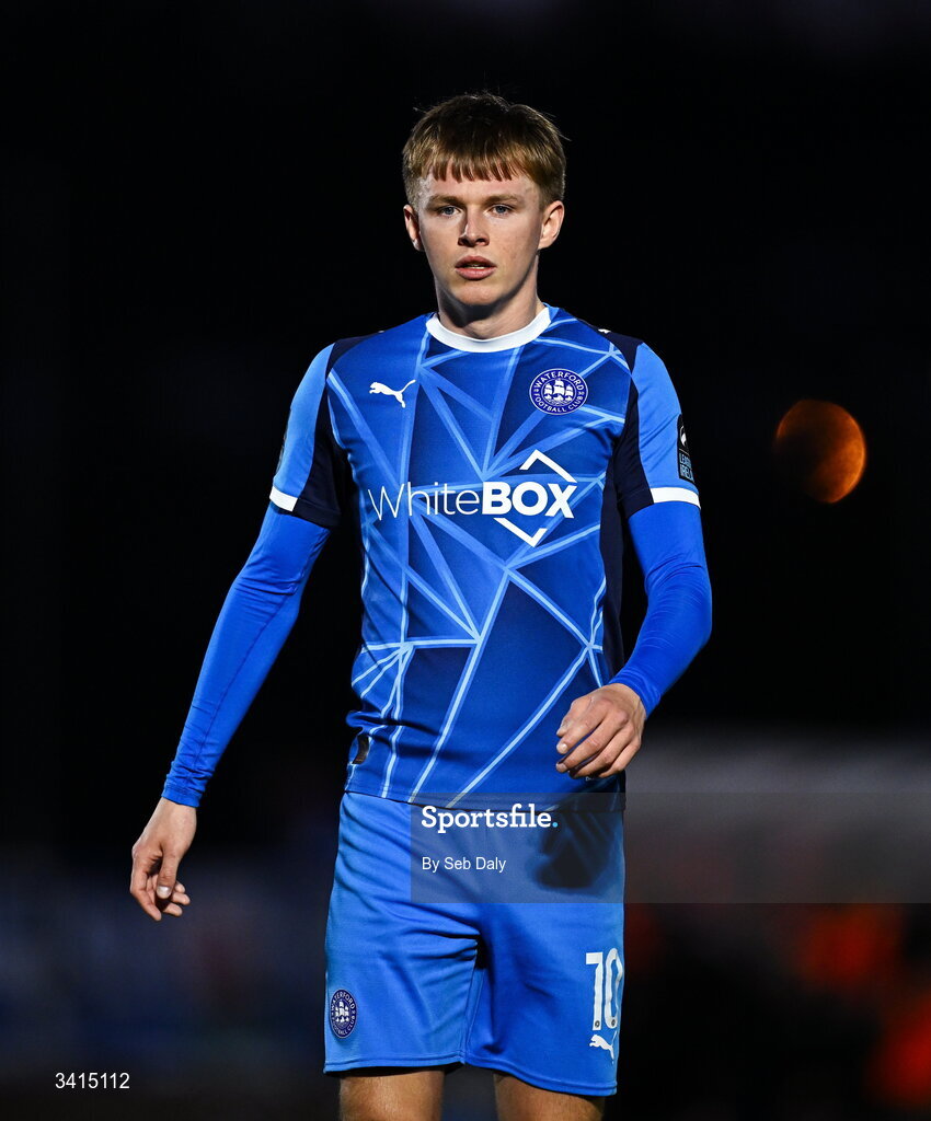 3 April 2026; Conan Noonan of Waterford during the SSE Airtricity Men's Premier Division match between Waterford and Shamrock Rovers at the RSC in Waterford. Photo by Seb Daly/Sportsfile