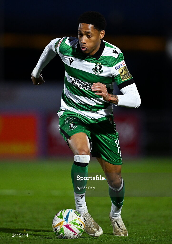 3 April 2026; Maleace Asamoah of Shamrock Rovers during the SSE Airtricity Men's Premier Division match between Waterford and Shamrock Rovers at the RSC in Waterford. Photo by Seb Daly/Sportsfile
