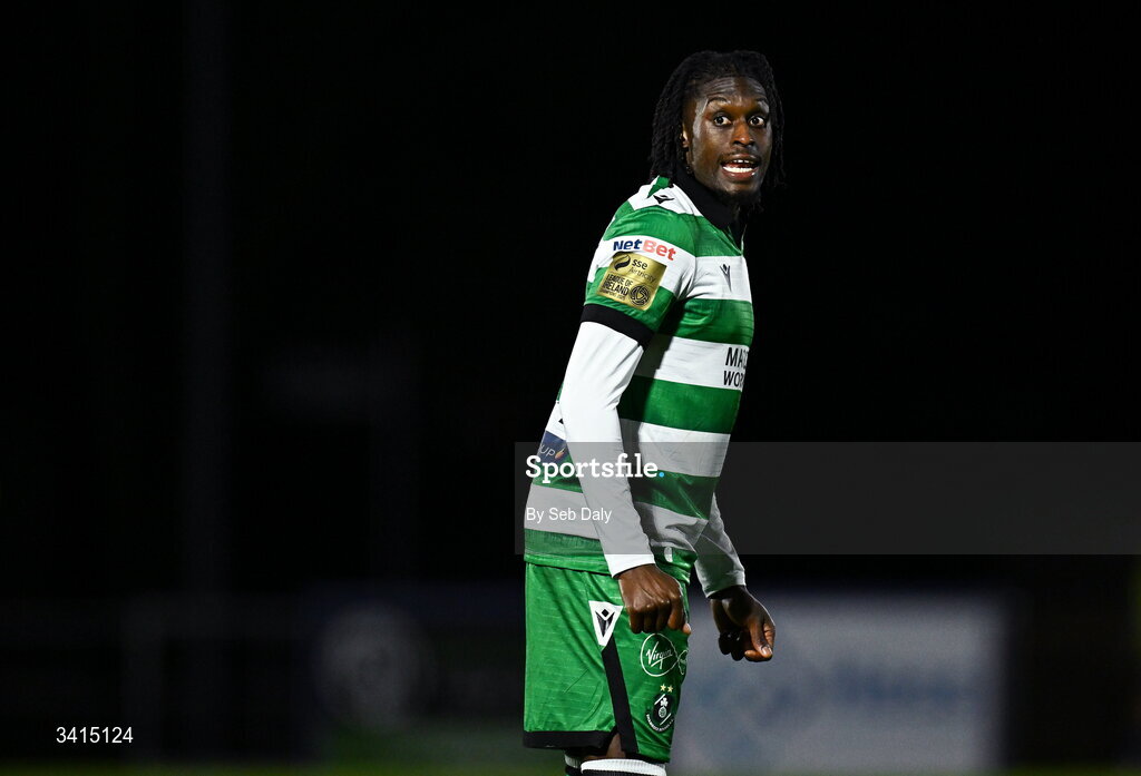 3 April 2026; Tunmise Sobowale of Shamrock Rovers during the SSE Airtricity Men's Premier Division match between Waterford and Shamrock Rovers at the RSC in Waterford. Photo by Seb Daly/Sportsfile