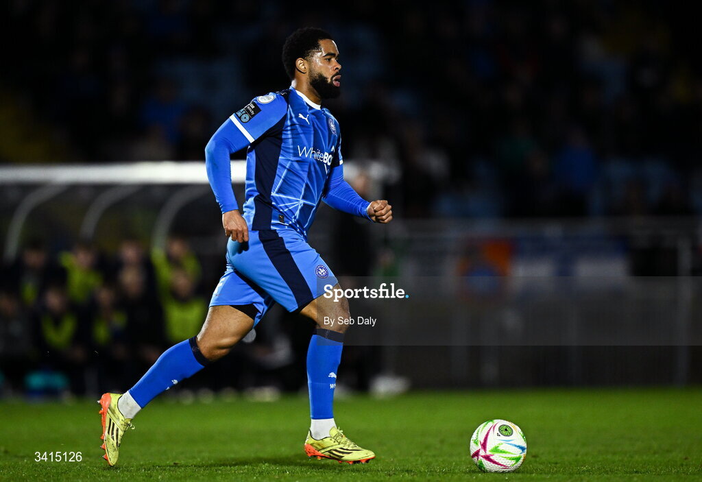 3 April 2026; Trae Bailey Coyle of Waterford during the SSE Airtricity Men's Premier Division match between Waterford and Shamrock Rovers at the RSC in Waterford. Photo by Seb Daly/Sportsfile