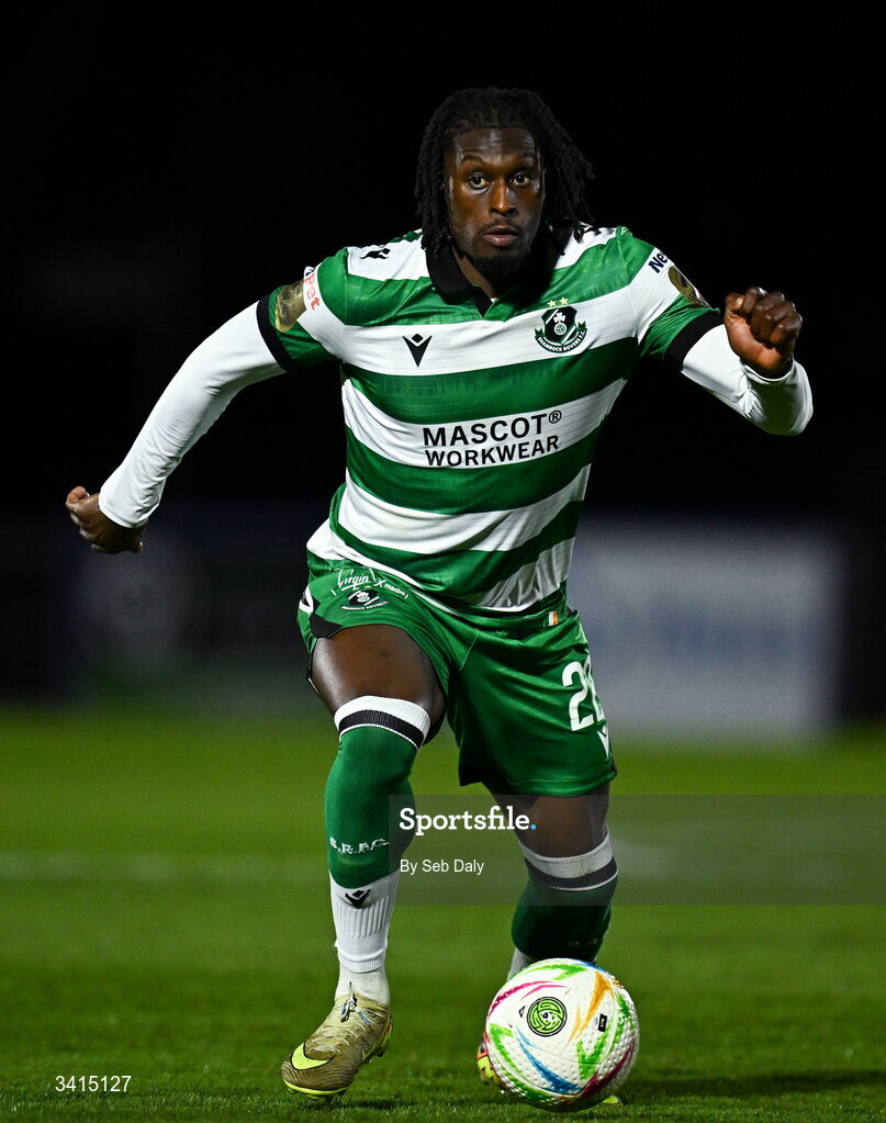 3 April 2026; Tunmise Sobowale of Shamrock Rovers during the SSE Airtricity Men's Premier Division match between Waterford and Shamrock Rovers at the RSC in Waterford. Photo by Seb Daly/Sportsfile