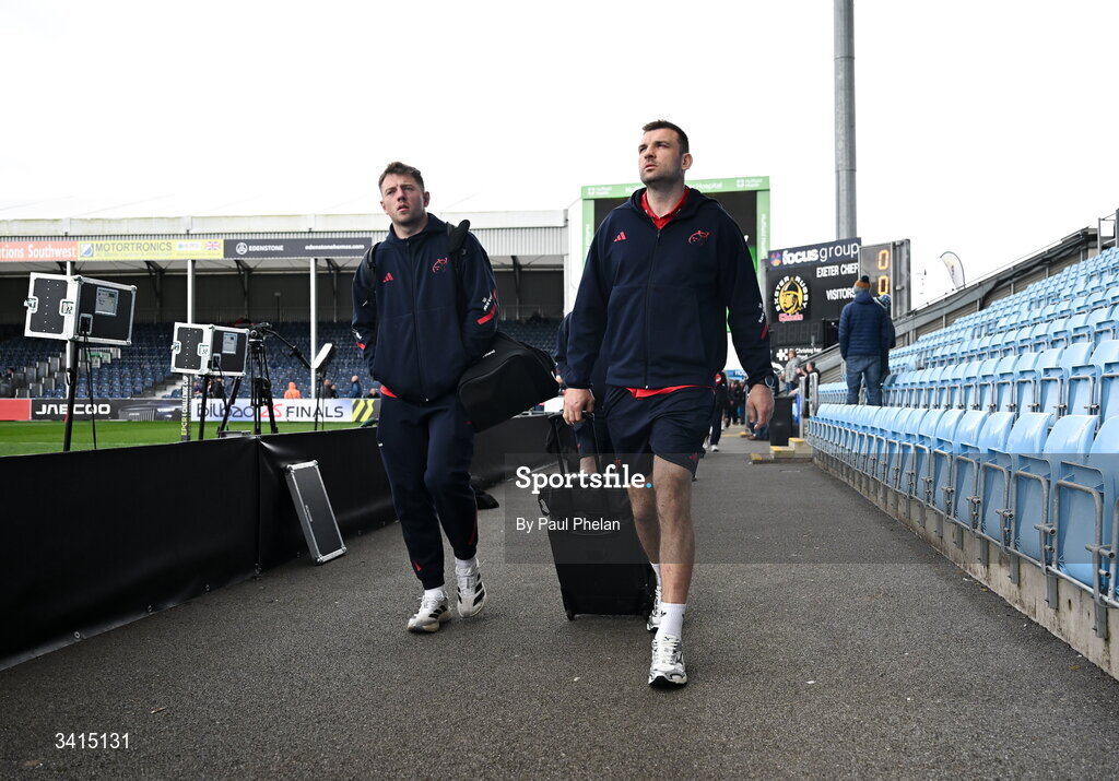 4 April 2026; Tadhg Beirne and Lee Barron of Munster arrive before the EPCR Challenge Cup match between Exeter Chiefs and Munster at Sandy Park in Exeter, England. Photo by Paul Phelan/Sportsfile