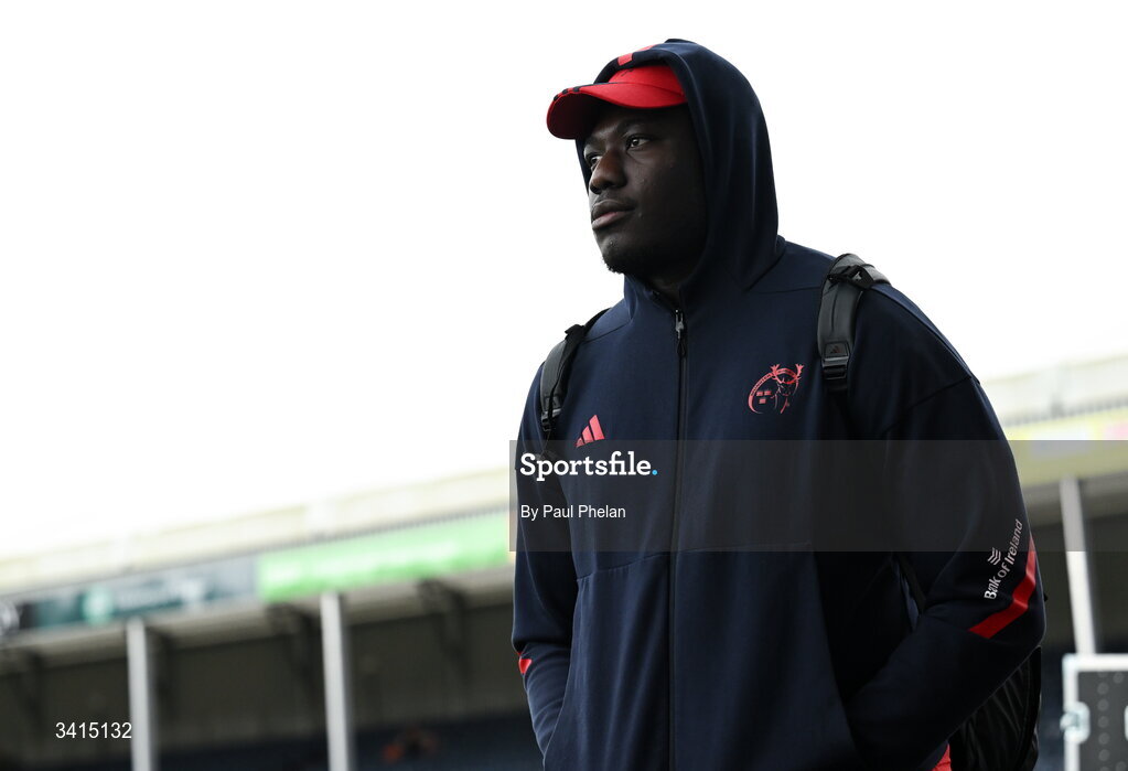 4 April 2026; Edwin Edogbo of Munster Rugby arrives before the EPCR Challenge Cup match between Exeter Chiefs and Munster at Sandy Park in Exeter, England. Photo by Paul Phelan/Sportsfile