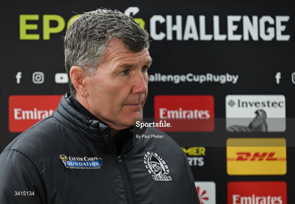 4 April 2026; Exeter Chiefs Director of Rugby Rob Baxter is interviewed before the EPCR Challenge Cup match between Exeter Chiefs and Munster at Sandy Park in Exeter, England. Photo by Paul Phelan/Sportsfile