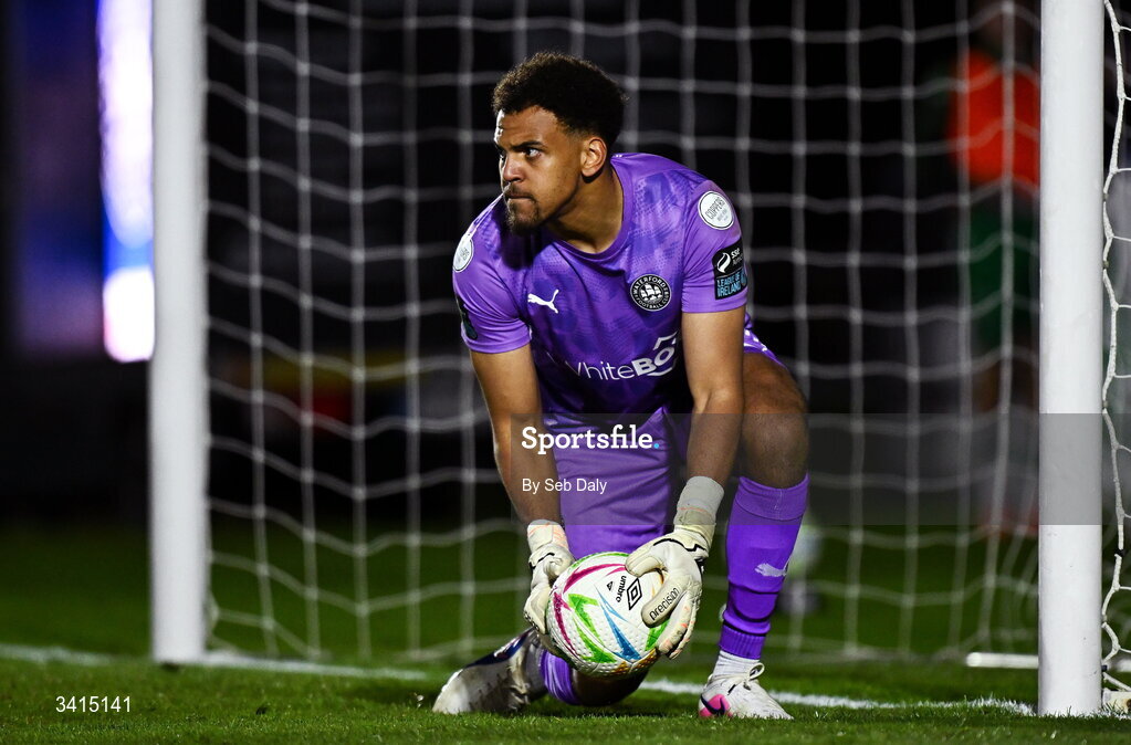 3 April 2026; Waterford goalkeeper Arlo Doherty during the SSE Airtricity Men's Premier Division match between Waterford and Shamrock Rovers at the RSC in Waterford. Photo by Seb Daly/Sportsfile