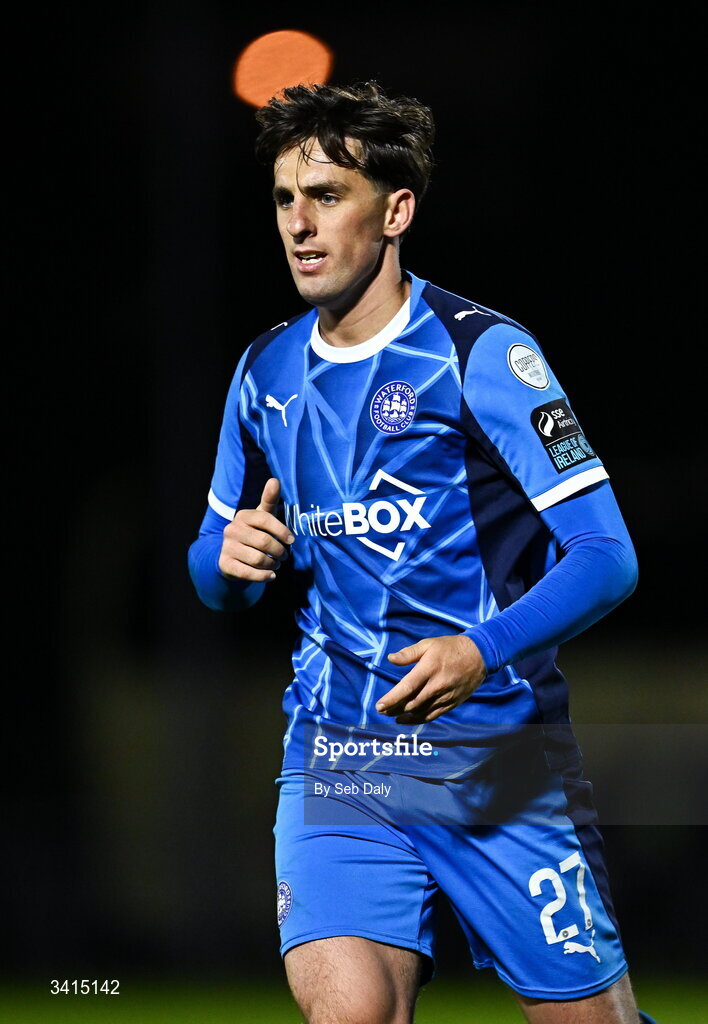 3 April 2026; Dean McMenamy of Waterford during the SSE Airtricity Men's Premier Division match between Waterford and Shamrock Rovers at the RSC in Waterford. Photo by Seb Daly/Sportsfile
