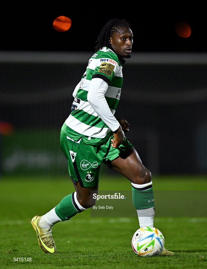 3 April 2026; Tunmise Sobowale of Shamrock Rovers during the SSE Airtricity Men's Premier Division match between Waterford and Shamrock Rovers at the RSC in Waterford. Photo by Seb Daly/Sportsfile