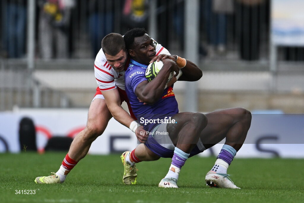 4 April 2026; Paul Brown-Bampoe of Exeter Chiefs is tackled by Diarmuid Kilgallen of Munster during the EPCR Challenge Cup match between Exeter Chiefs and Munster at Sandy Park in Exeter, England. Photo by Paul Phelan/Sportsfile