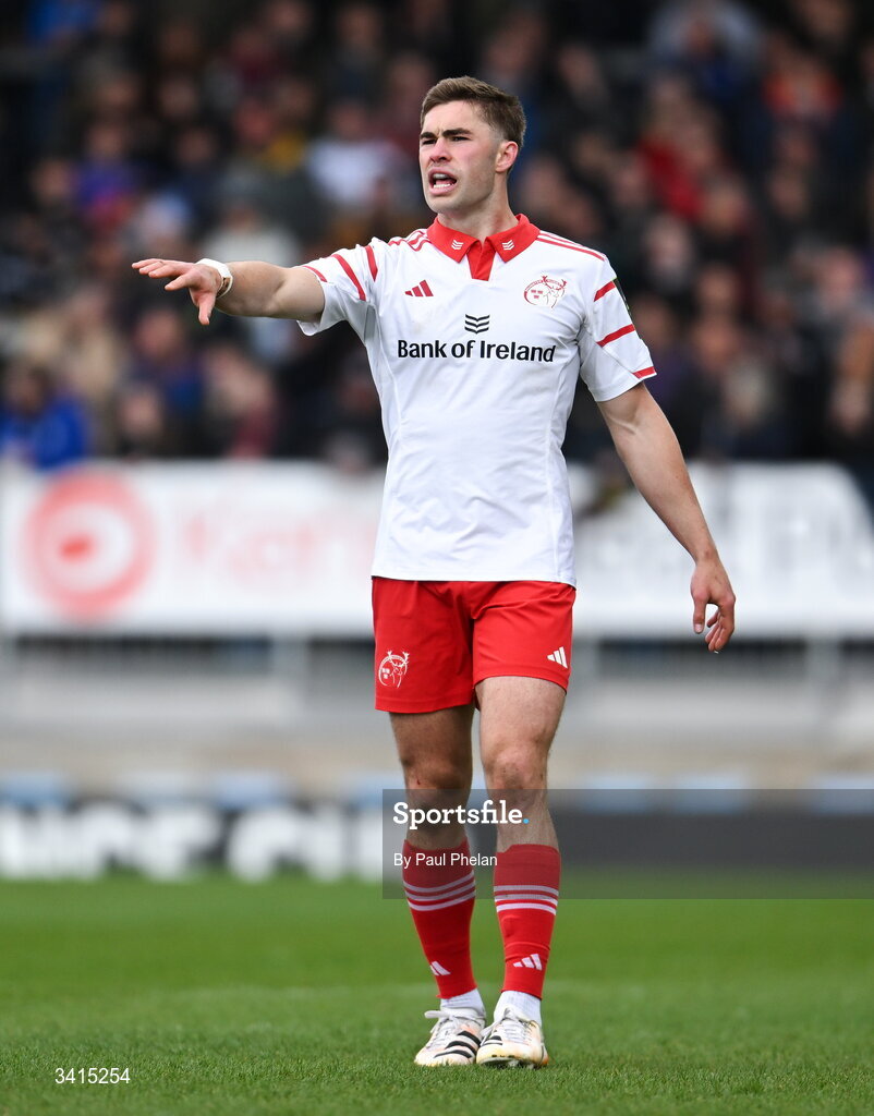 4 April 2026; Jack Crowley of Munster during the EPCR Challenge Cup match between Exeter Chiefs and Munster at Sandy Park in Exeter, England. Photo by Paul Phelan/Sportsfile