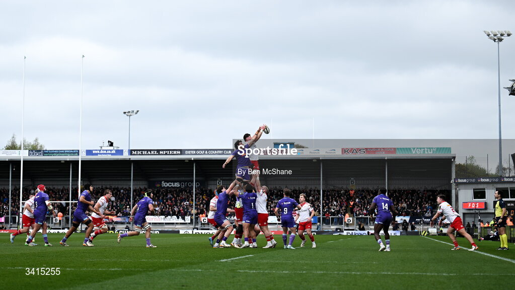 4 April 2026; Jack O'Donogue of Munster takes the ball in a lineout during the EPCR Challenge Cup match between Exeter Chiefs and Munster at Sandy Park in Exeter, England. Photo by Ben McShane/Sportsfile