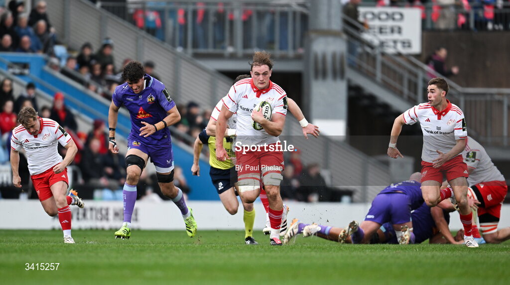 4 April 2026; Gavin Coombes of Munster makes a break during the EPCR Challenge Cup match between Exeter Chiefs and Munster at Sandy Park in Exeter, England. Photo by Paul Phelan/Sportsfile