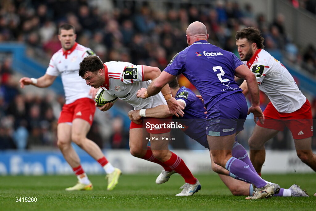 4 April 2026; Tom Farrell of Munster attempts to break through the Exeter Chiefs defence during the EPCR Challenge Cup match between Exeter Chiefs and Munster at Sandy Park in Exeter, England. Photo by Paul Phelan/Sportsfile