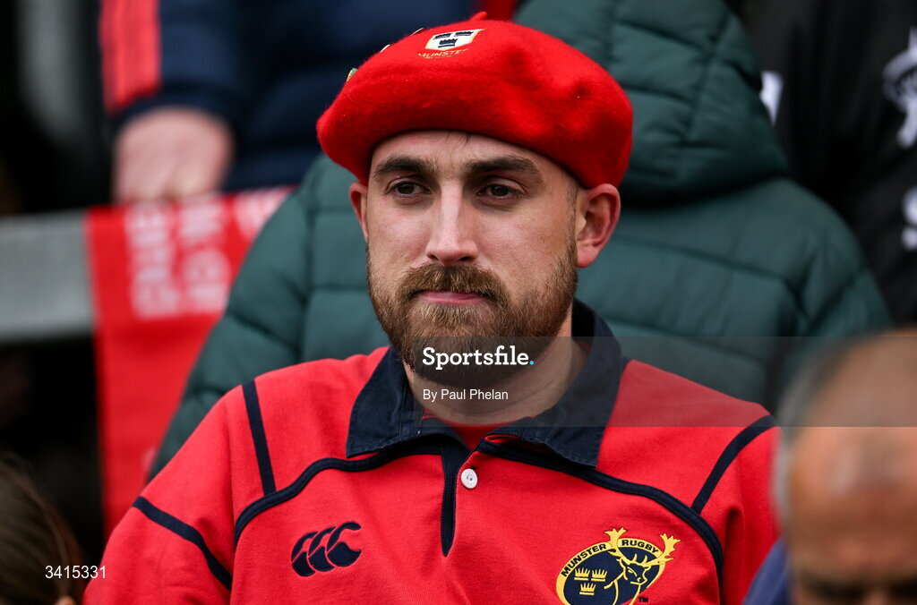 4 April 2026; An unimpressed Munster fan during the EPCR Challenge Cup match between Exeter Chiefs and Munster at Sandy Park in Exeter, England. Photo by Paul Phelan/Sportsfile