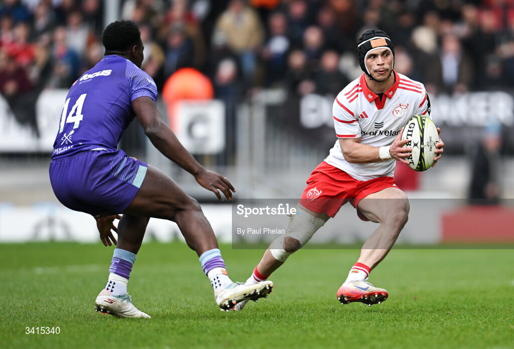 4 April 2026; Thaakir Abrahams of Munster Rugby in action against Paul Brown-Bampoe of Exeter Chiefs during the EPCR Challenge Cup match between Exeter Chiefs and Munster at Sandy Park in Exeter, England. Photo by Paul Phelan/Sportsfile