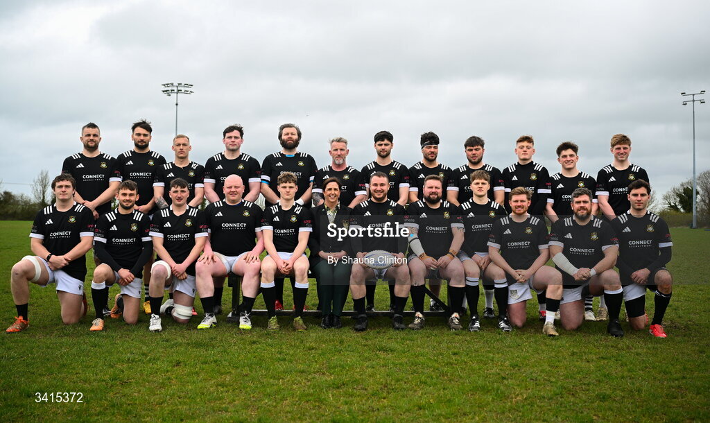 4 April 2026; Longford RFC president Karen Lennon, centre, joins the Longford RFC squad for a team photograph ahead of the Bank of Ireland Provincial Towns Cup semi-final match between Athy RFC and Longford RFC at Cill Dara RFC in Silken Thomas Park in Kildare. Photo by Shauna Clinton/Sportsfile