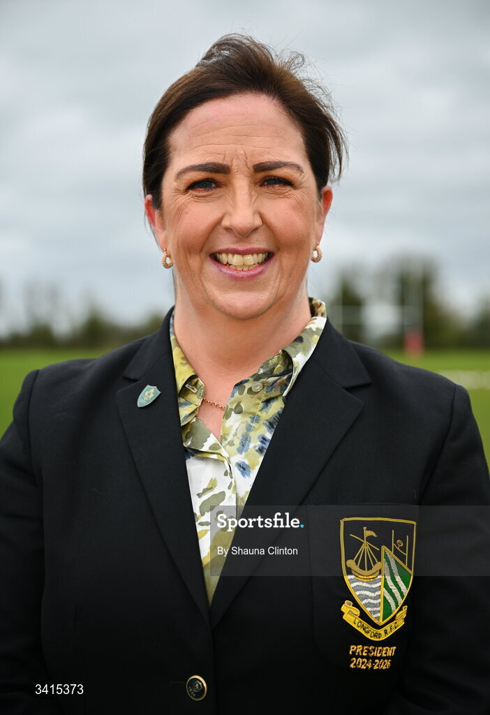 4 April 2026; Longford RFC president Karen Lennon poses for a portrait ahead of the Bank of Ireland Provincial Towns Cup semi-final match between Athy RFC and Longford RFC at Cill Dara RFC in Silken Thomas Park in Kildare. Photo by Shauna Clinton/Sportsfile