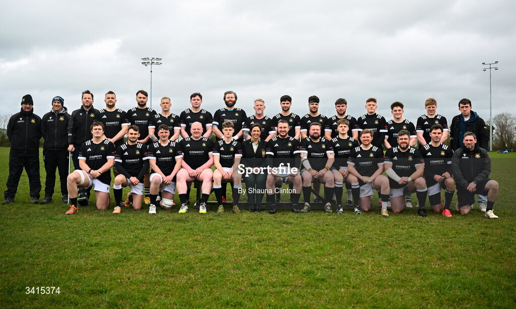 4 April 2026; Longford RFC president Karen Lennon, centre, joins the Longford RFC squad and coaching staff for a team photograph ahead of the Bank of Ireland Provincial Towns Cup semi-final match between Athy RFC and Longford RFC at Cill Dara RFC in Silken Thomas Park in Kildare. Photo by Shauna Clinton/Sportsfile