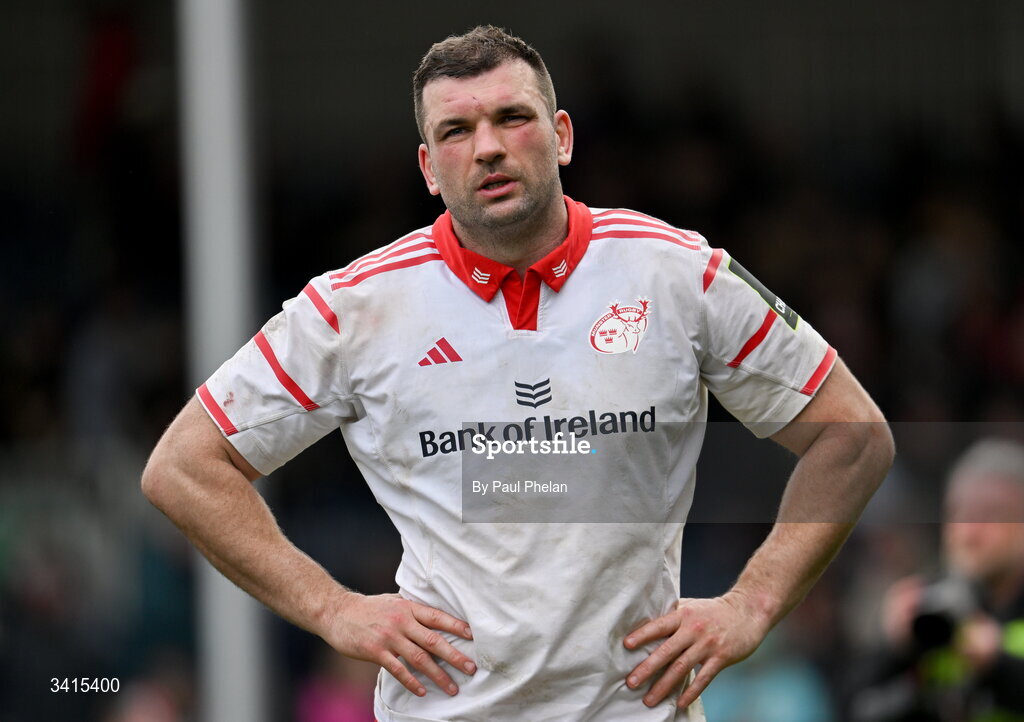 4 April 2026; Tadhg Beirne of Munster Rugby reacts after the EPCR Challenge Cup match between Exeter Chiefs and Munster at Sandy Park in Exeter, England. Photo by Paul Phelan/Sportsfile