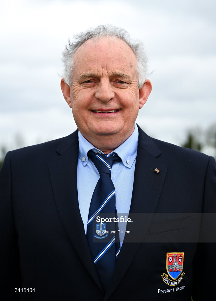 4 April 2026; Athy RFC president Adrian Conlan poses for a portrait ahead of the Bank of Ireland Provincial Towns Cup semi-final match between Athy RFC and Longford RFC at Cill Dara RFC in Silken Thomas Park in Kildare. Photo by Shauna Clinton/Sportsfile