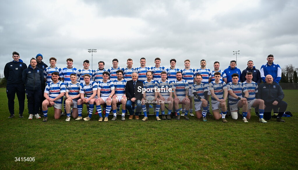 4 April 2026; Athy RFC president Adrian Conlan, centre, joins the Athy RFC squad and coaching staff for a team photograph ahead of the Bank of Ireland Provincial Towns Cup semi-final match between Athy RFC and Longford RFC at Cill Dara RFC in Silken Thomas Park in Kildare. Photo by Shauna Clinton/Sportsfile