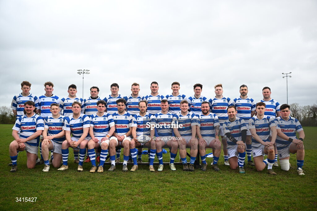 4 April 2026; The Athy RFC squad pose for a team photograph ahead of the Bank of Ireland Provincial Towns Cup semi-final match between Athy RFC and Longford RFC at Cill Dara RFC in Silken Thomas Park in Kildare. Photo by Shauna Clinton/Sportsfile