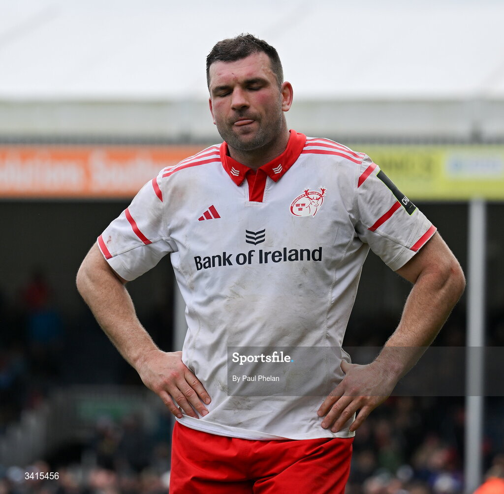 4 April 2026; Tadhg Beirne of Munster Rugby reacts after the EPCR Challenge Cup match between Exeter Chiefs and Munster at Sandy Park in Exeter, England. Photo by Paul Phelan/Sportsfile
