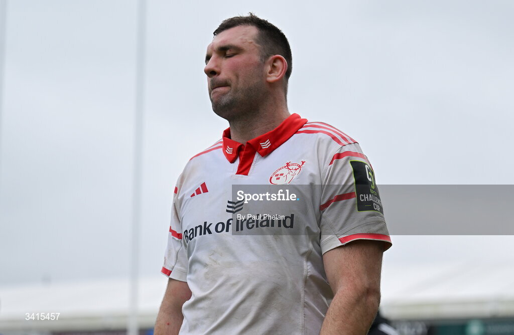 4 April 2026; Tadhg Beirne of Munster Rugby reacts after the EPCR Challenge Cup match between Exeter Chiefs and Munster at Sandy Park in Exeter, England. Photo by Paul Phelan/Sportsfile