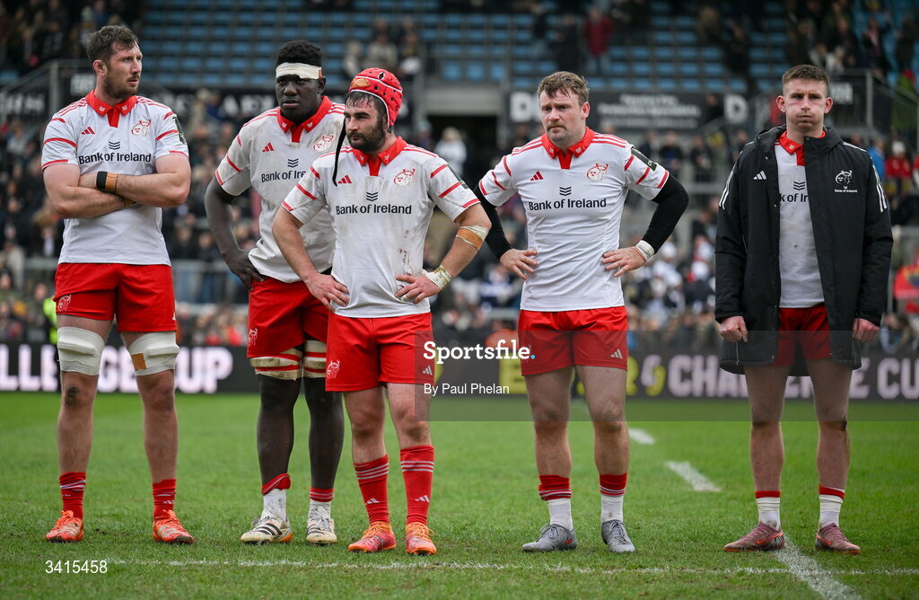 4 April 2026; Munster players react after the EPCR Challenge Cup match between Exeter Chiefs and Munster at Sandy Park in Exeter, England. Photo by Paul Phelan/Sportsfile