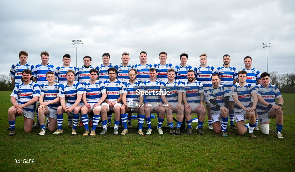 4 April 2026; The Athy RFC squad pose for a team photograph ahead of the Bank of Ireland Provincial Towns Cup semi-final match between Athy RFC and Longford RFC at Cill Dara RFC in Silken Thomas Park in Kildare. Photo by Shauna Clinton/Sportsfile