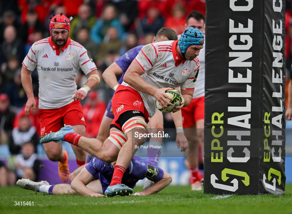 4 April 2026; Tadhg Beirne of Munster Rugby scores his side's second try during the EPCR Challenge Cup match between Exeter Chiefs and Munster at Sandy Park in Exeter, England. Photo by Paul Phelan/Sportsfile