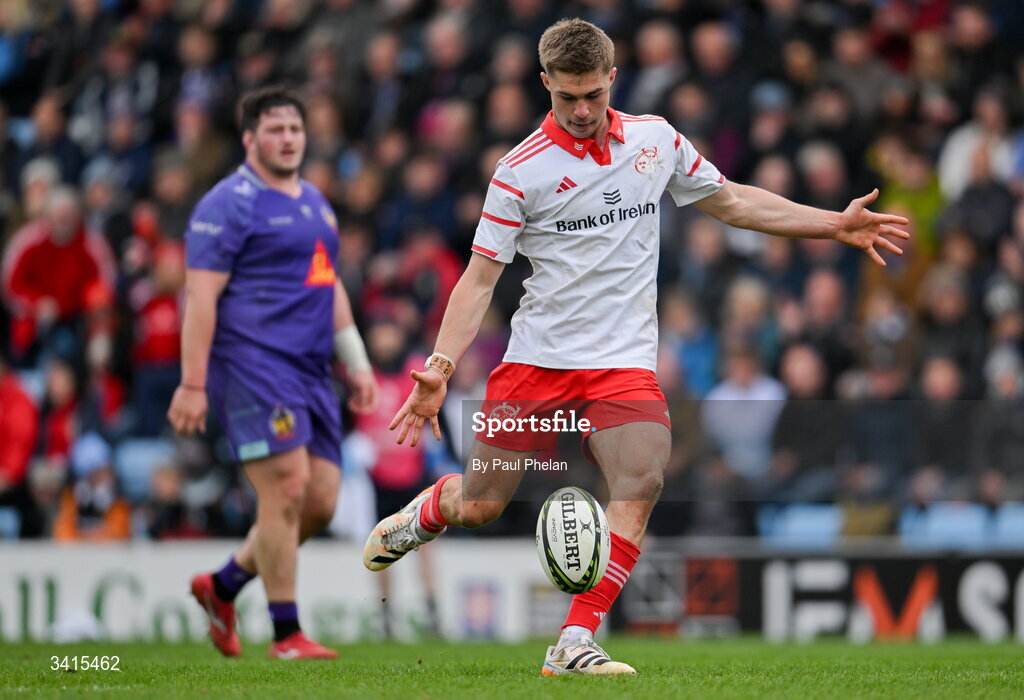 4 April 2026; Jack Crowley of Munster Rugby drop kicks a conversion during the EPCR Challenge Cup match between Exeter Chiefs and Munster at Sandy Park in Exeter, England. Photo by Paul Phelan/Sportsfile