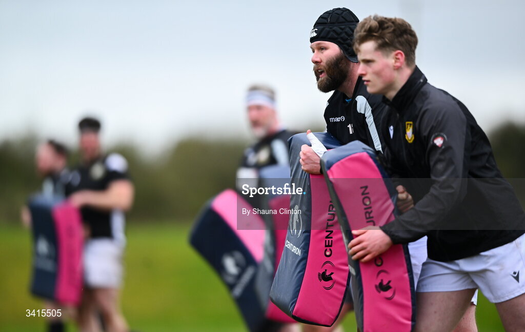 4 April 2026; Longford RFC players warm-up ahead of the Bank of Ireland Provincial Towns Cup semi-final match between Athy RFC and Longford RFC at Cill Dara RFC in Silken Thomas Park in Kildare. Photo by Shauna Clinton/Sportsfile