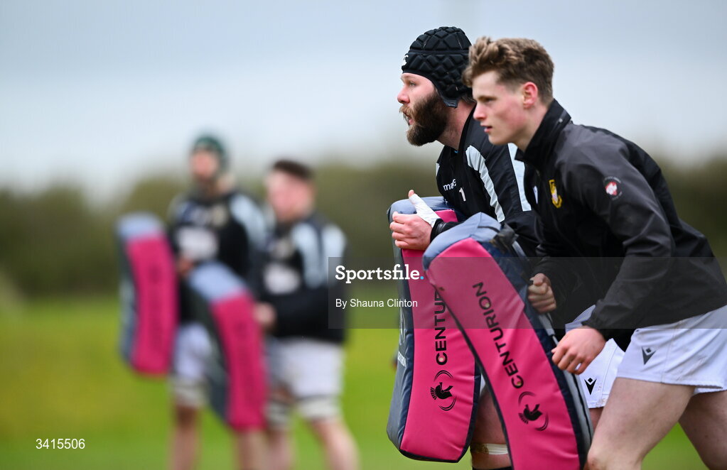 4 April 2026; Longford RFC players warm-up ahead of the Bank of Ireland Provincial Towns Cup semi-final match between Athy RFC and Longford RFC at Cill Dara RFC in Silken Thomas Park in Kildare. Photo by Shauna Clinton/Sportsfile