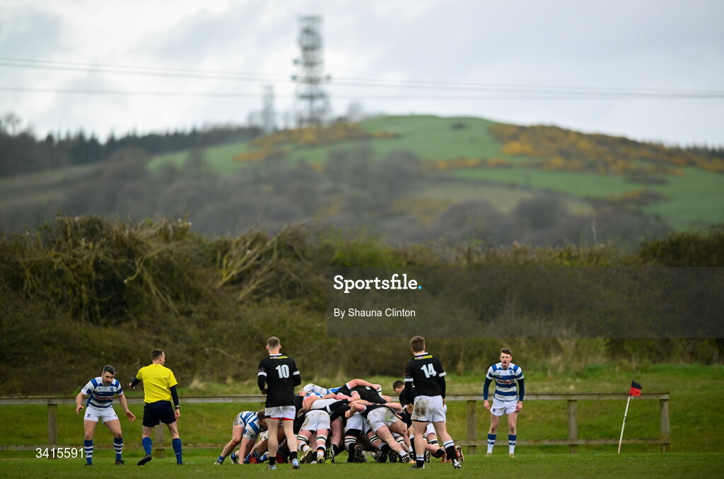 4 April 2026; A general view of a scrum during the Bank of Ireland Provincial Towns Cup semi-final match between Athy RFC and Longford RFC at Cill Dara RFC in Silken Thomas Park in Kildare. Photo by Shauna Clinton/Sportsfile